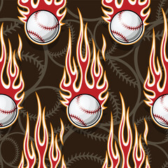 Baseball balls seamless pattern with fire flame. vector graphic wallpaper packaging fabric textile wrapping paper design