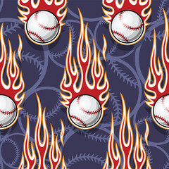 Baseball wallpaper vector image repeating tile background baseball balls and fire flames seamless pattern texture