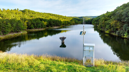 U.S. Geological Stream Gauging Survey Station at Fort Ashby dam and lake in Mineral County, West...