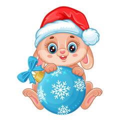 Christmas rabbit in red holiday Santa hat with Xmas tree ball. Happy Chinese New Year. Cute baby bunny with decorative fir toy. Cartoon hare animal. Oriental zodiac sign. Winter greeting card. Vector