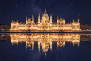 Budapest parliament building with beautiful architecture with night lights and reflection and stars and milky way on sky