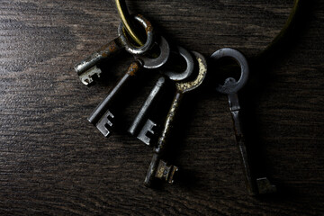 Rusty vintage rings keychain close up. High quality photo