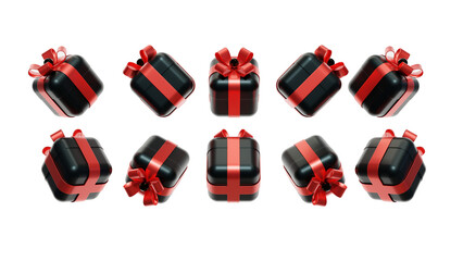 3d rendering Black Gift boxes with Red Ribbon  on white background