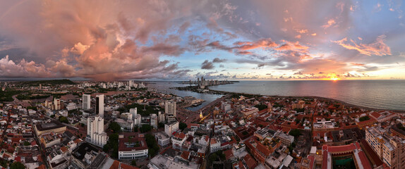 Aerial View of Cartagena, Colombia at Sunset with the old city in the background