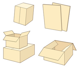 ダンボール・空き箱のイラスト【4種類・梱包・段ボール・茶色・ベージュ・引っ越し・荷物・資源ごみ】