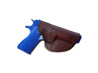 A macro photograph of a leather holster with a blue gun inside to show the snug fit.