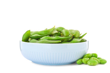 Bowl with green edamame pods and beans on white background