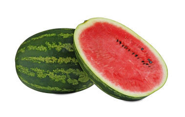 Whole and cut fresh juicy watermelons isolated on white