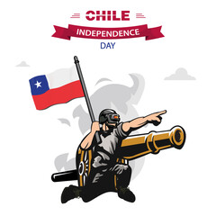 Chile Independence Day vector. Flat Design Patriotic soldier carrying Chile Flag.