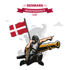 Denmark happy independence day vector. Flat Design Patriotic soldier carrying Denmark Flag.