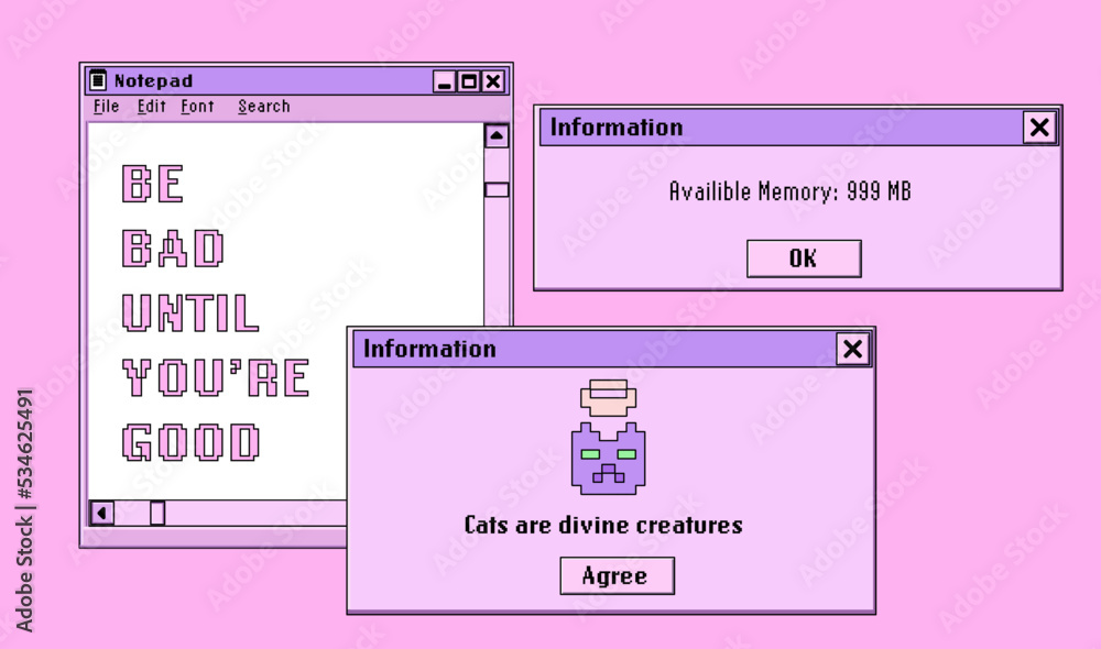 Aufkleber Set of retro user interface elements for UX and UI design. Vaporwave Y2K style illustration in pastel pink and violet colors.