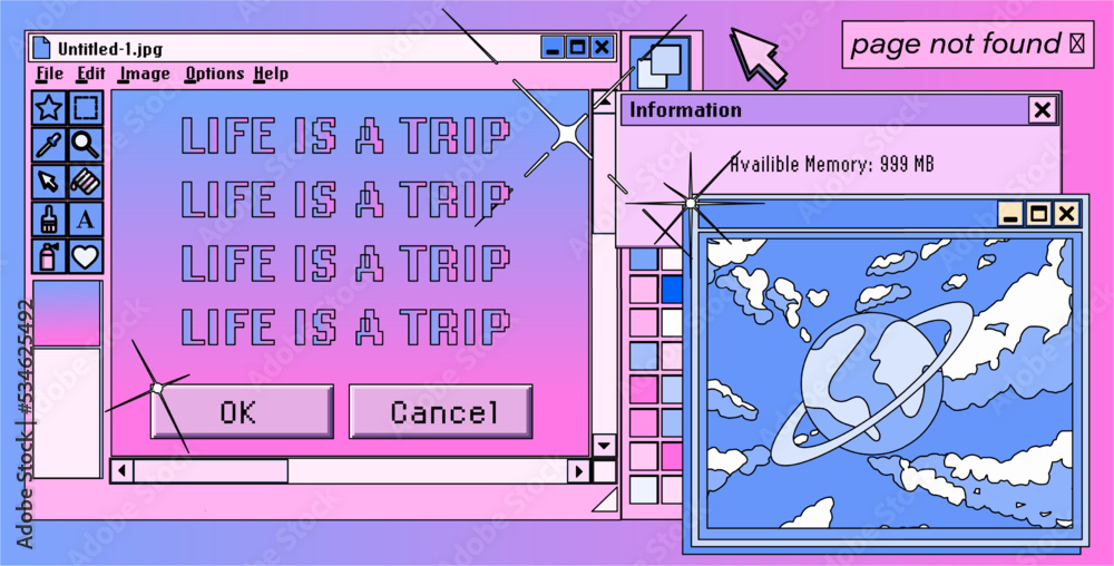 Poster Set of retro user interface elements for UX and UI design. Vaporwave Y2K style illustration in pastel pink and violet colors.