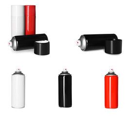 Set with different cans of spray paints on white background
