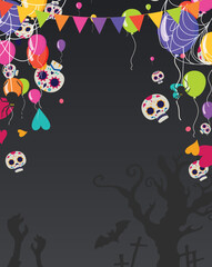 Happy Halloween banner or party invitation background with night  Vector illustration. spiders web and flying bats. Place for text