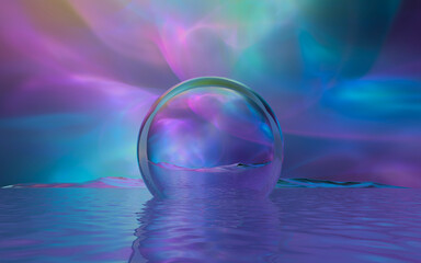 Abstract 3D Illustation Crystal Ball Island Floating on Water with Magenta and Teal Nebula Sky Background