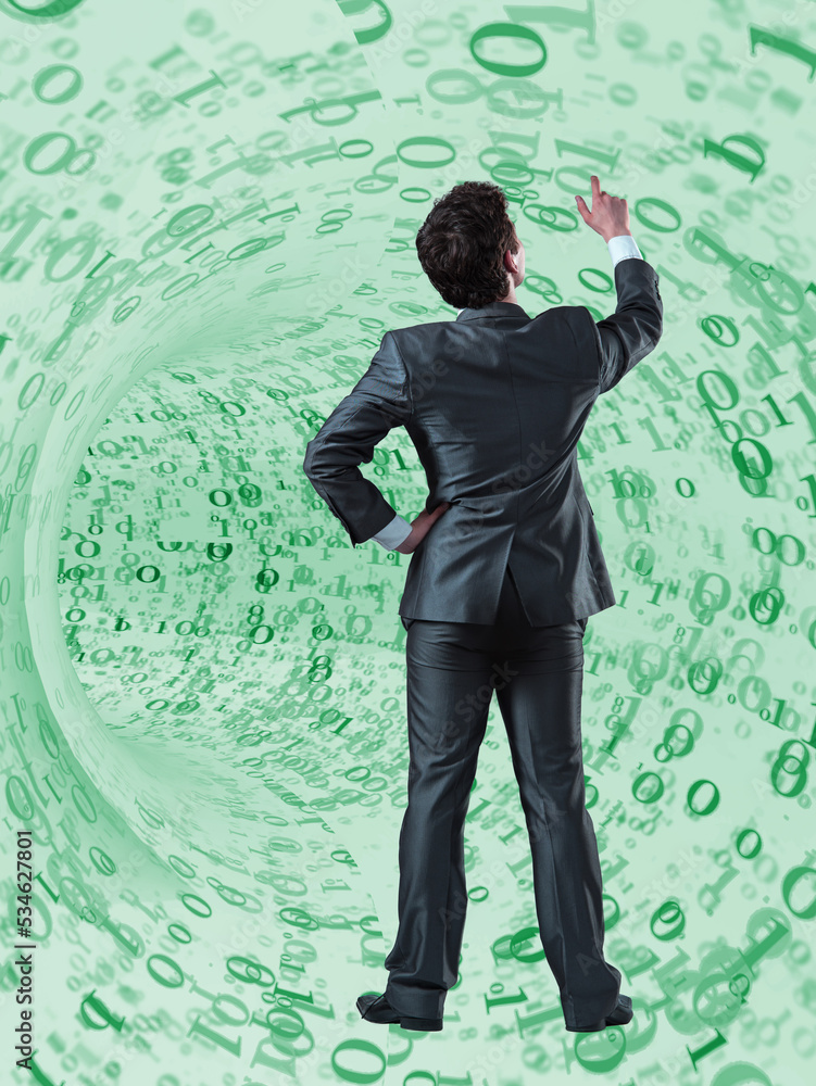Poster businessman against the funnel made of binary numbers