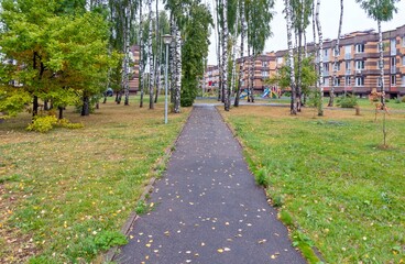 The sidewalk leading to the playground is covered with fallen autumn leaves