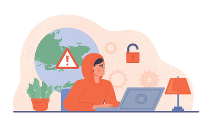 Cyber attack concept. Hacker sitting at laptop, danger on Internet and scammer online. Character hacks email and steals personal data. Web security and safety. Cartoon flat vector illustration