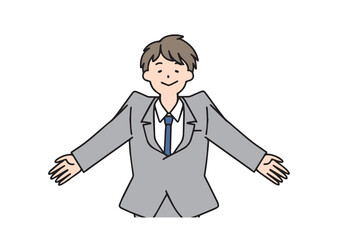 
 両手を広げてリラックスしているスーツ姿の若い男性　シンプルな線の人物イラスト
