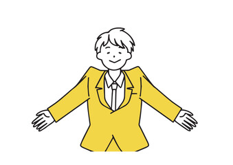 
 両手を広げてリラックスしているスーツ姿の若い男性　シンプルな線の人物イラスト
