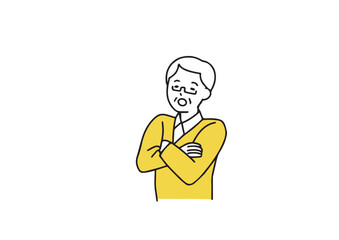 腕組みをして考えている高齢男性　シンプルな線の人物イラスト