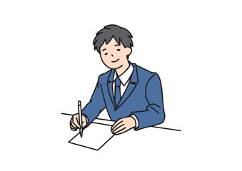 問題を解いている男子生徒　シンプルな線の人物イラスト