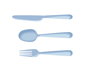 Set of spoons and forks. Kitchen utensils, cooks equipment for serving and eating. Collection of aluminum tablewares for food and dishes. Cartoon flat vector illustrations isolated on white background