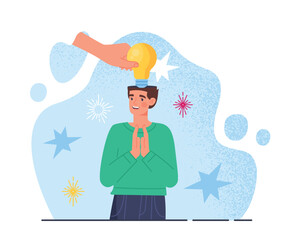 Concept of motivation. Hand puts light bulb in head of happy guy. Brainstorming and insight, character offered idea. Metaphor of leadership and company management. Cartoon flat vector illustration