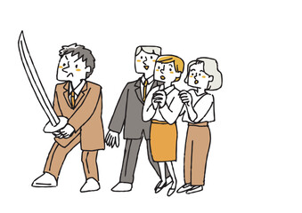 剣で仲間を守るビジネスマン　コミカルな手書きの人物　