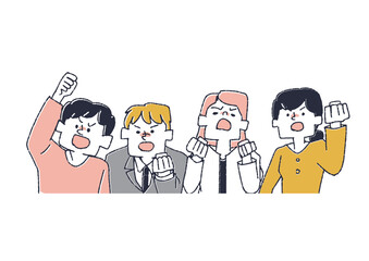 不満を持ち激しく意見をしている4人の男女　コミカルな手書きの人物　