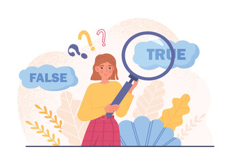 Woman choose true. Young girl with magnifying glass separates truth from lies. Evaluation of news and fight against unscrupulous mass media. Information analysis. Cartoon flat vector illustration