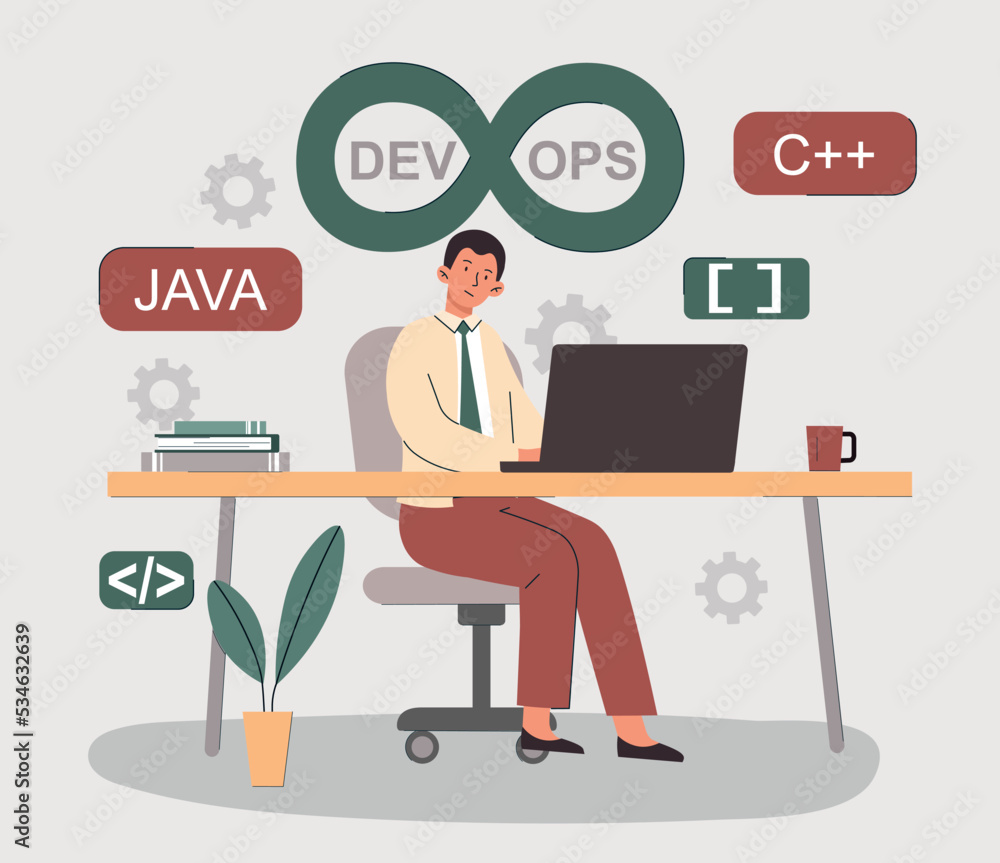 Poster devops process concept. man sits at laptop and writes code, develops software, applications and prog
