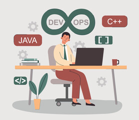 DevOps process concept. Man sits at laptop and writes code, develops software, applications and programs. IT specialist in office, modern digital technology. Cartoon flat vector illustration