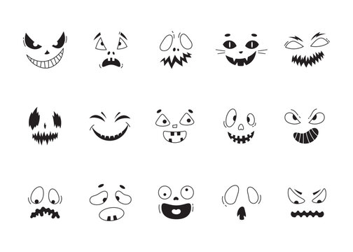 Creepy halloween faces set. Vector horror funny mouths with eyes collection. 