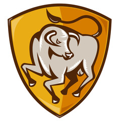 angry bull attacking shield woodcut