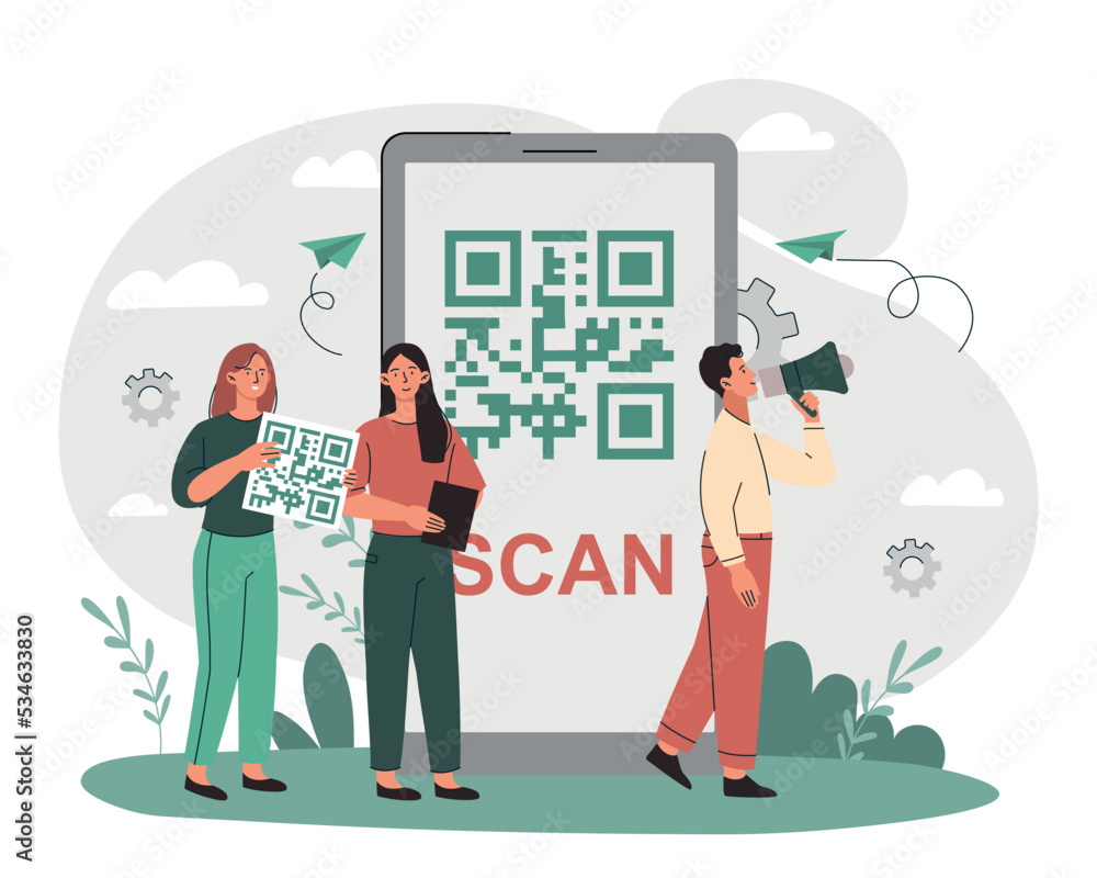 Poster people with qr code. shortened link for quick transition to website with smartphone. modern technolo