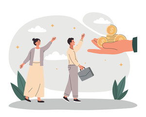 Receiving money concept. Large hands hold out coins to man and girl, salary and wages. Charity and support from state or company. Financial literacy and economics. Cartoon flat vector illustration