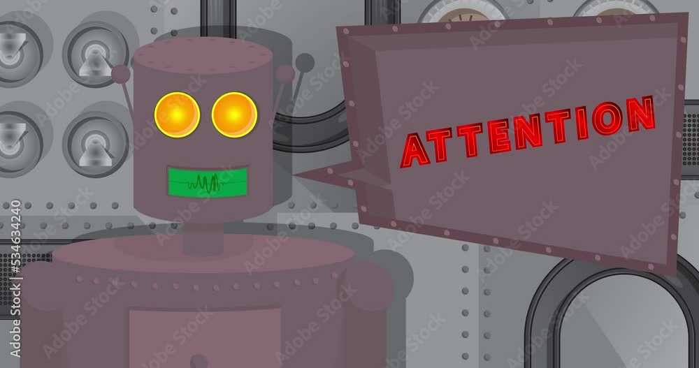Poster robot saying attention with speech bubble. cartoon animated video. future robotics animation.