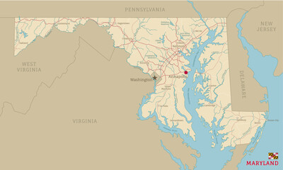 Road map of Maryland, US American federal state. Editable highly detailed transportation map of Maryland with highways and interstate roads, rivers and cities realistic vector illustration
