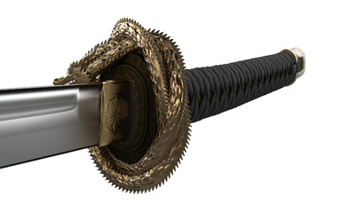 Asian sword with gold dragon on handle on white background