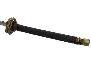 Asian sword with gold dragon on handle on white background