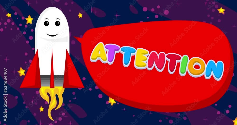 Poster rocket in space with attention text in red speech bubble. cartoon animation.