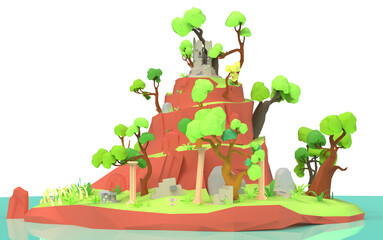 geometrical island with 3D mounts and surrounding trees 