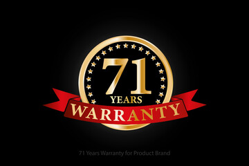 71 years warranty golden logo with ring and red ribbon isolated on black background, vector design for product warranty, guarantee, service, corporate, and your business.