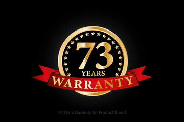 73 years warranty golden logo with ring and red ribbon isolated on black background, vector design for product warranty, guarantee, service, corporate, and your business.