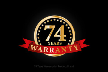 74 years warranty golden logo with ring and red ribbon isolated on black background, vector design for product warranty, guarantee, service, corporate, and your business.