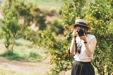 A woman in a straw hat is making pictures in an orange garden