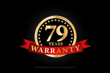 79 years warranty golden logo with ring and red ribbon isolated on black background, vector design for product warranty, guarantee, service, corporate, and your business.