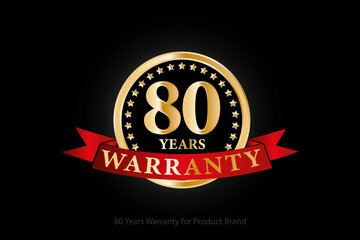 80 years warranty golden logo with ring and red ribbon isolated on black background, vector design for product warranty, guarantee, service, corporate, and your business.