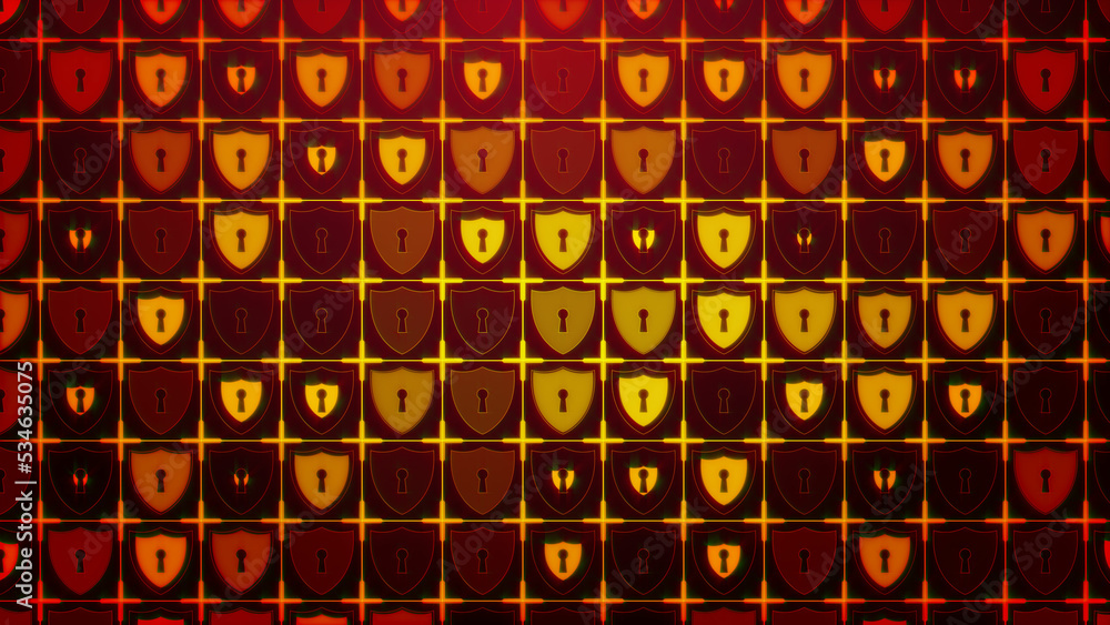 Poster abstract cyber security red yellow random shine shield lock symbol lines in a square grid screen tex